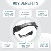 Nasal device with key benefits listed on a white background