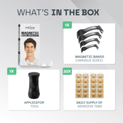 Magnetic nasal inhaler kit with packaging, bands, applicator tool, and adhesive tabs on a gray background.