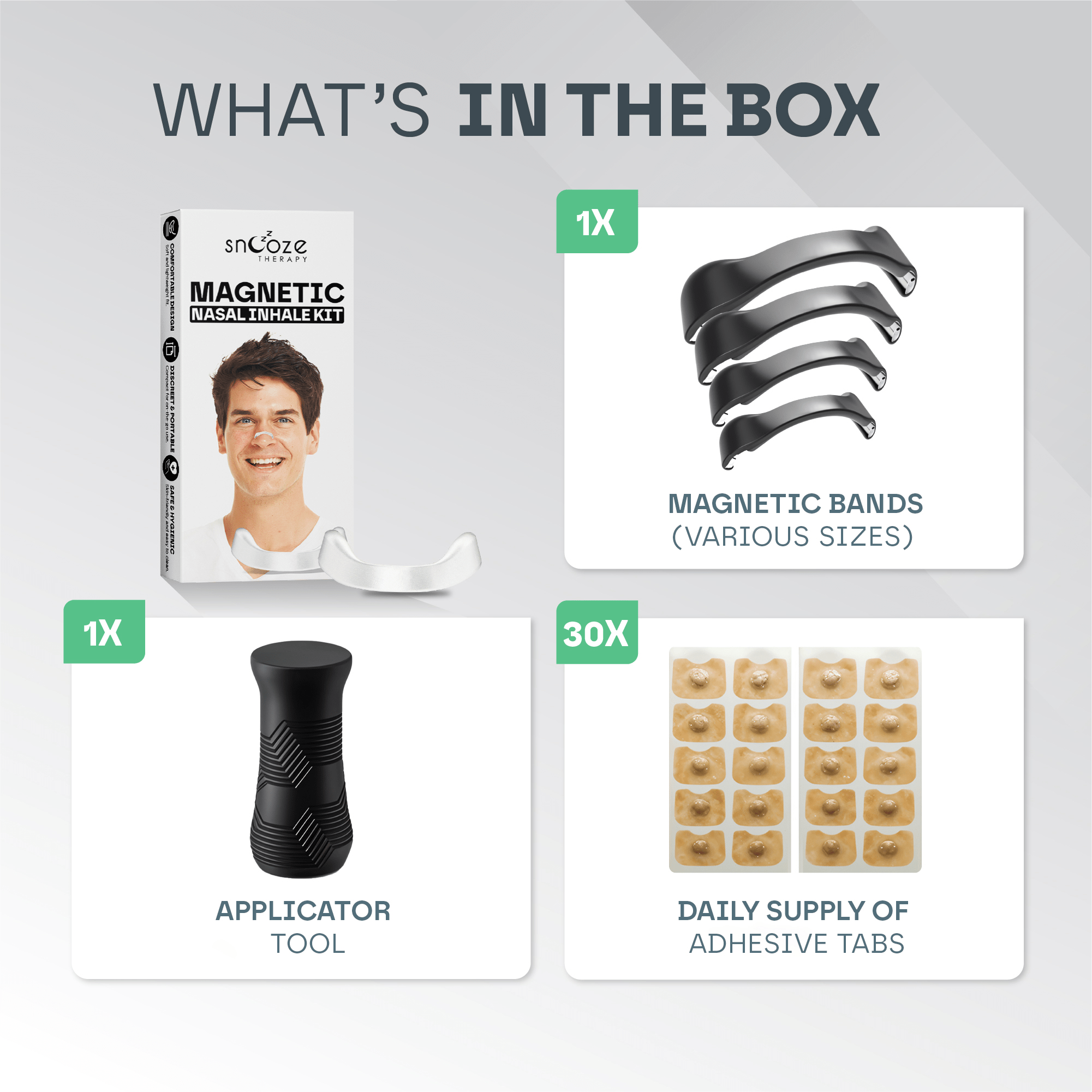 Magnetic nasal inhaler kit with packaging, bands, applicator tool, and adhesive tabs on a gray background.