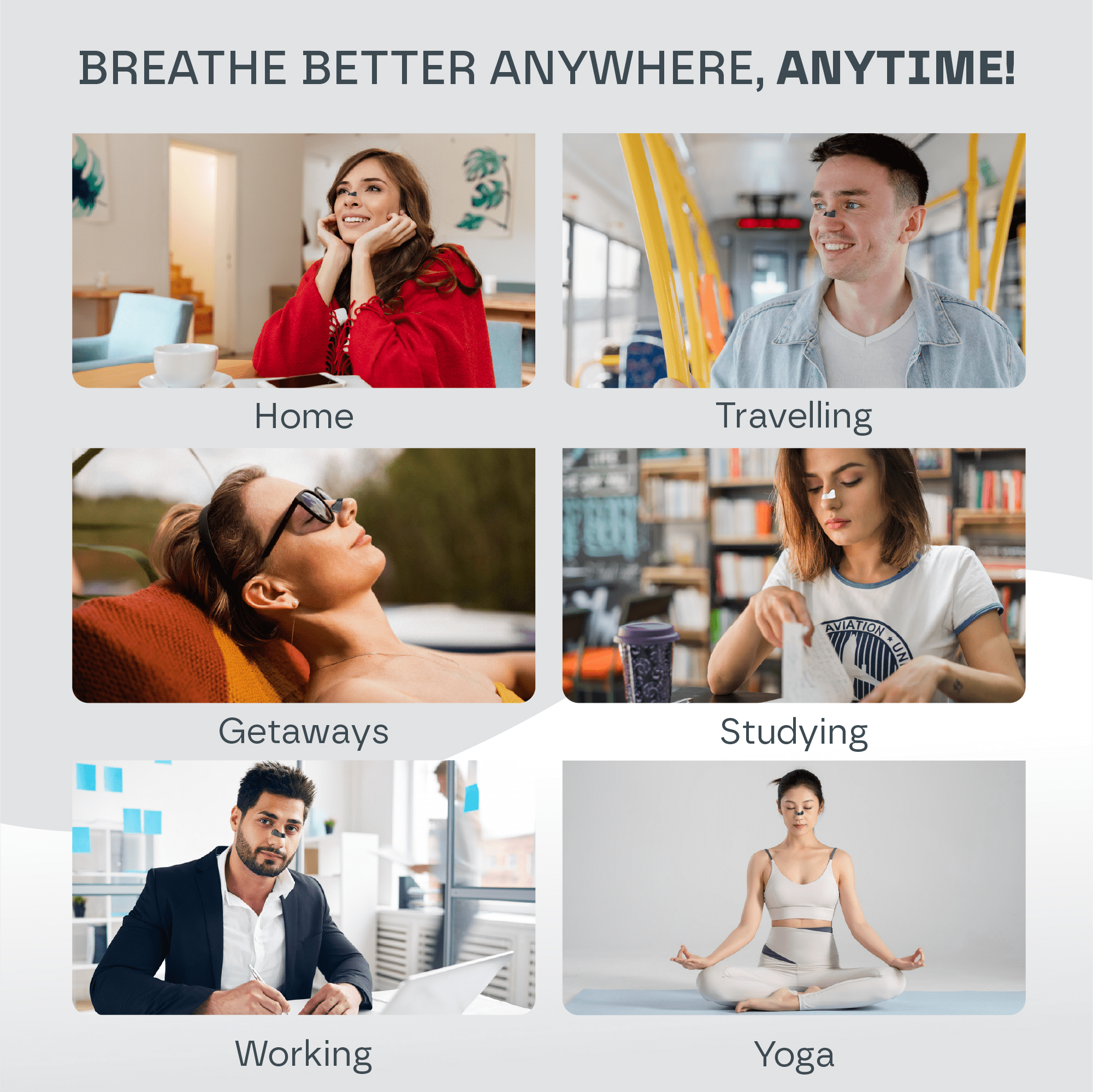 Collage of people in various settings with text 'Breathe Better Anywhere, Anytime!'