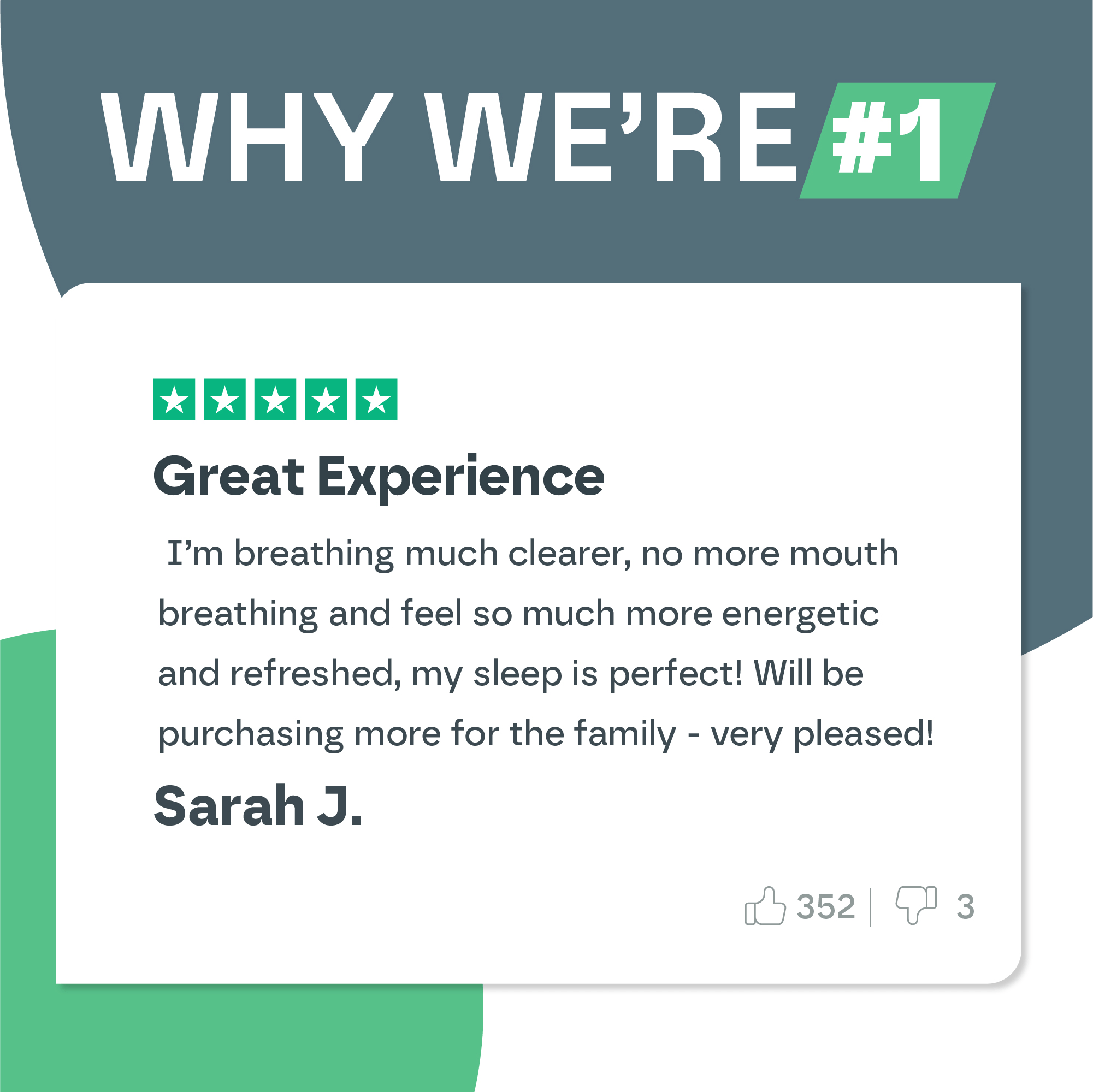 Product review with five-star rating and positive feedback on a green and white background