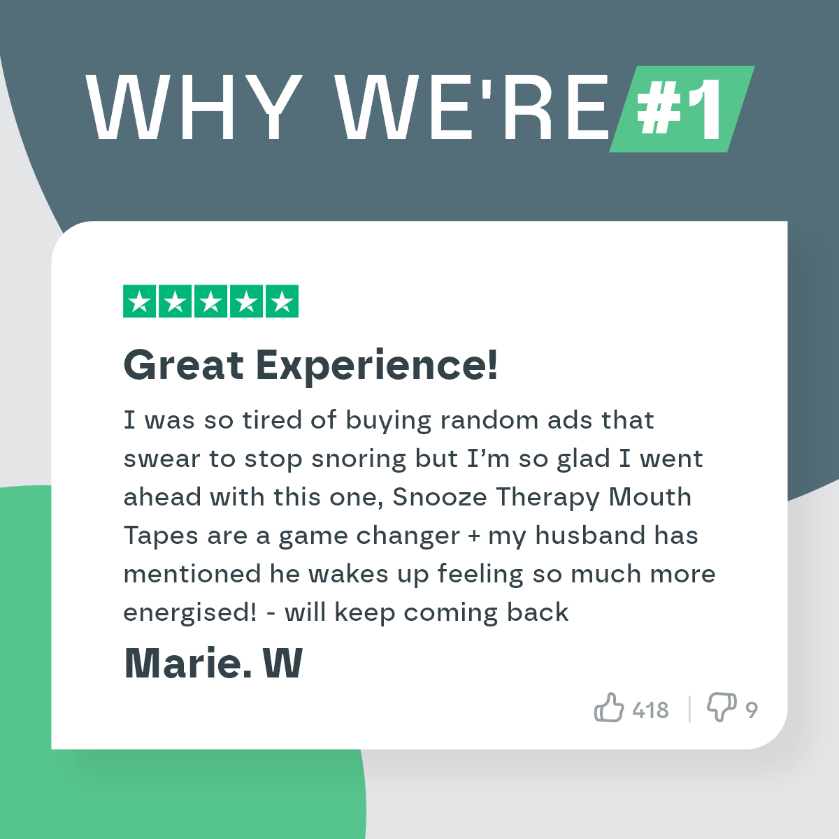 Product review with five-star rating and text on a green and gray background