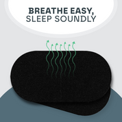 Black eye mask with text 'Breathe Easy, Sleep Soundly' on a white background