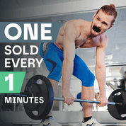 Man lifting weights with text about product sales rate in a gym setting