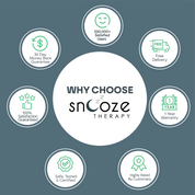 Promotional graphic for Snooze Therapy with icons and text on a dark blue background
