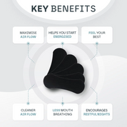 Black pillow with key benefits listed around it on a white background