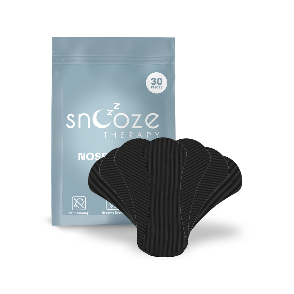 Pack of snoozze nose strips with packaging on a white background
