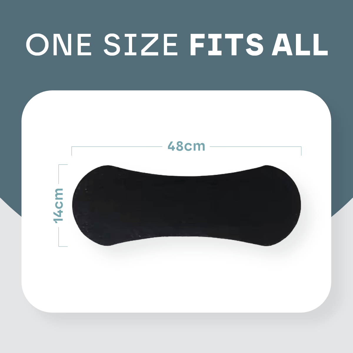 Black shoe insert with measurements on a white background, text 'ONE SIZE FITS ALL' above.