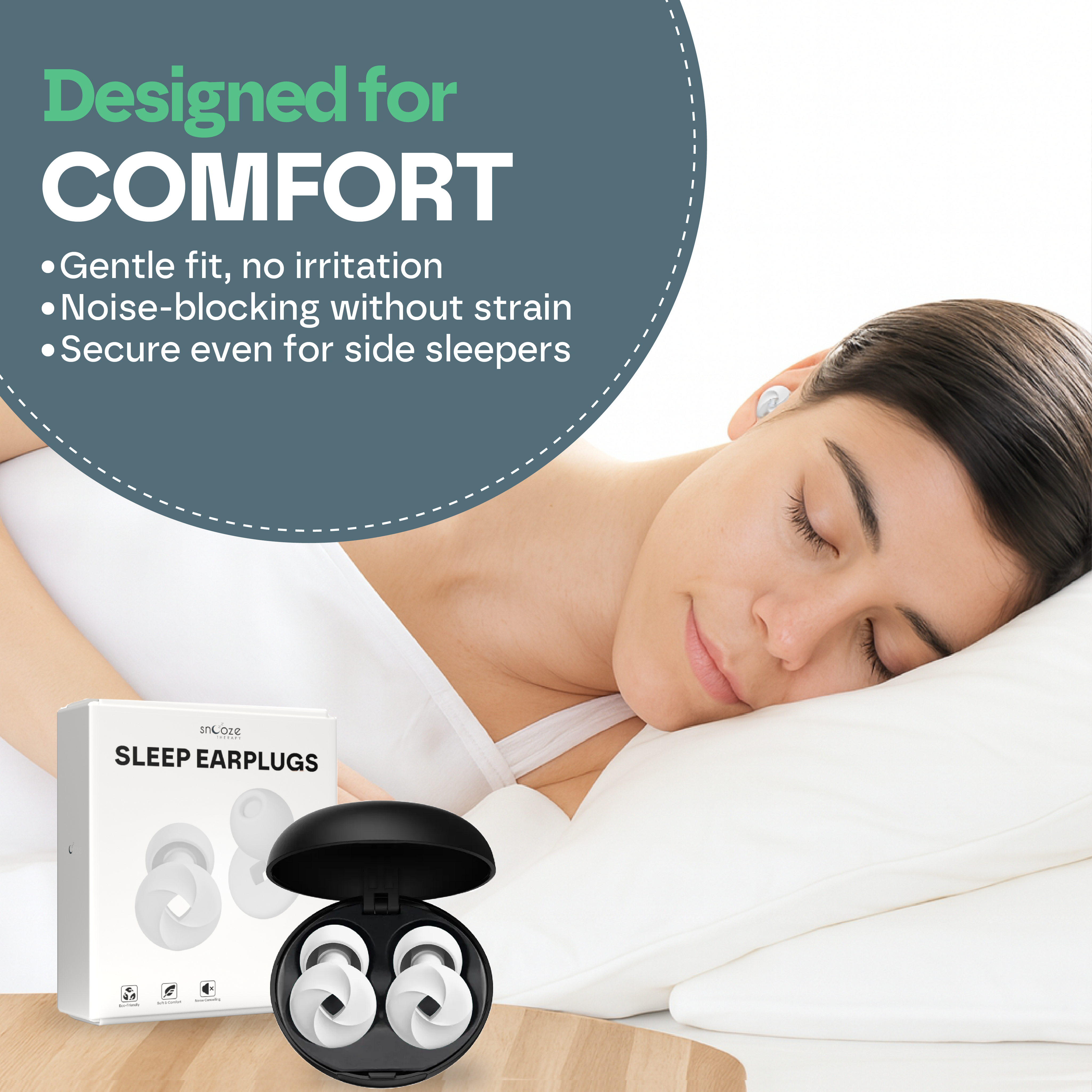 Woman sleeping with sleep earplugs and packaging displayed.