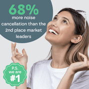 Woman wearing earphones with text about noise cancellation percentage