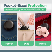 Product packaging with 'Pocket-Sized Protection' text and images of the product in a pocket, on bags, and in a purse.