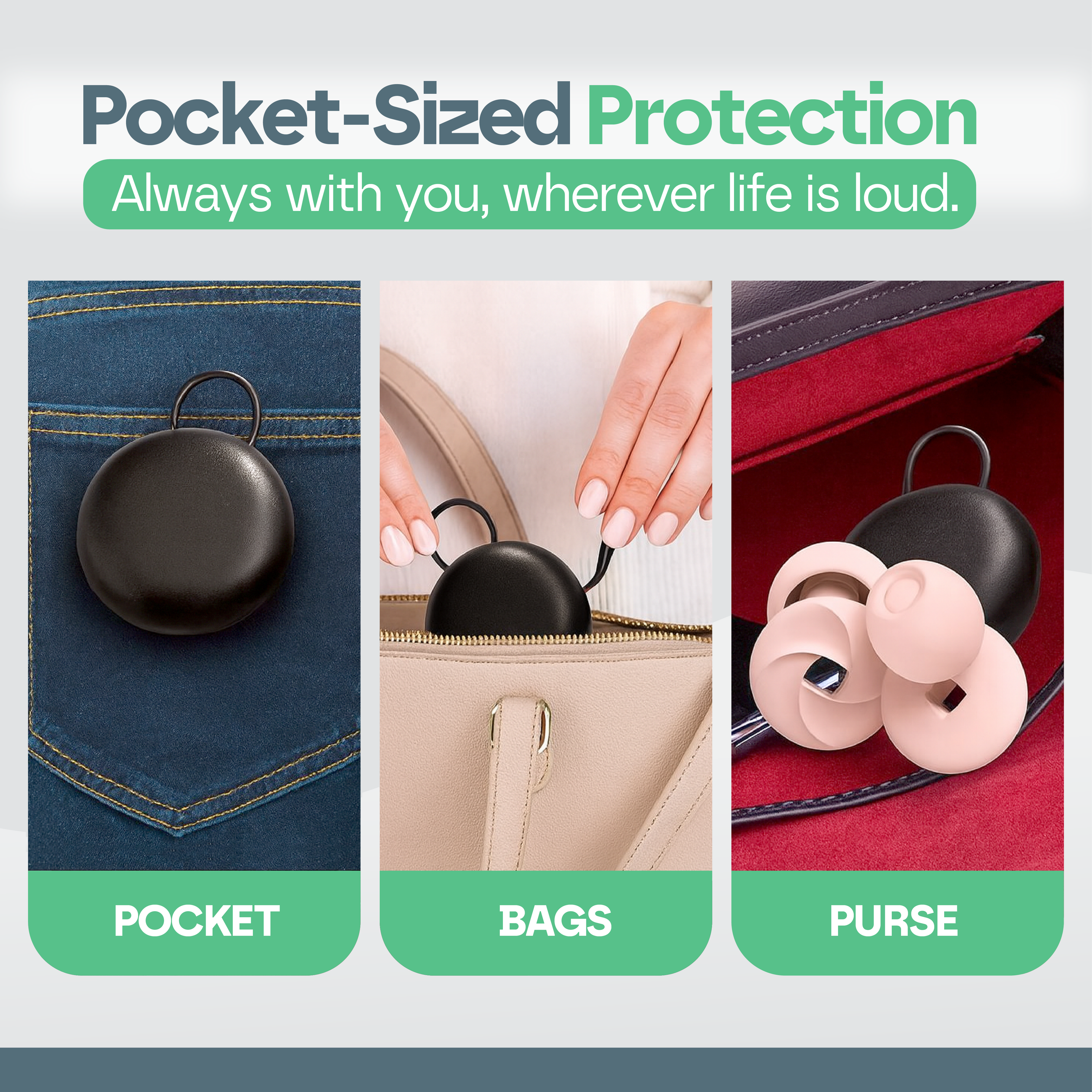 Product packaging with 'Pocket-Sized Protection' text and images of the product in a pocket, on bags, and in a purse.