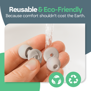 Reusable earbuds held in a hand with 'Reusable & Eco-Friendly' text and recycling icons.