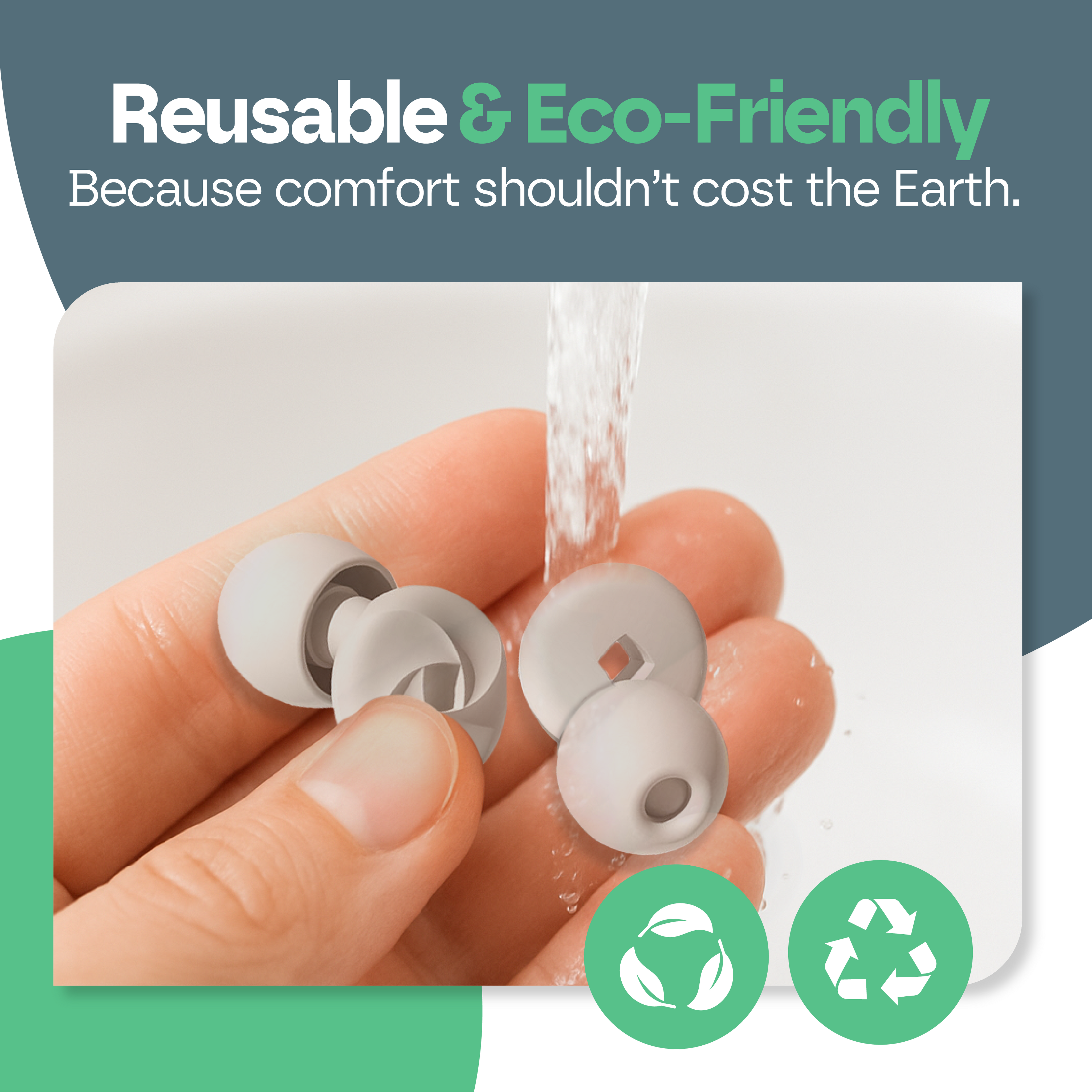 Reusable earbuds held in a hand with 'Reusable & Eco-Friendly' text and recycling icons.