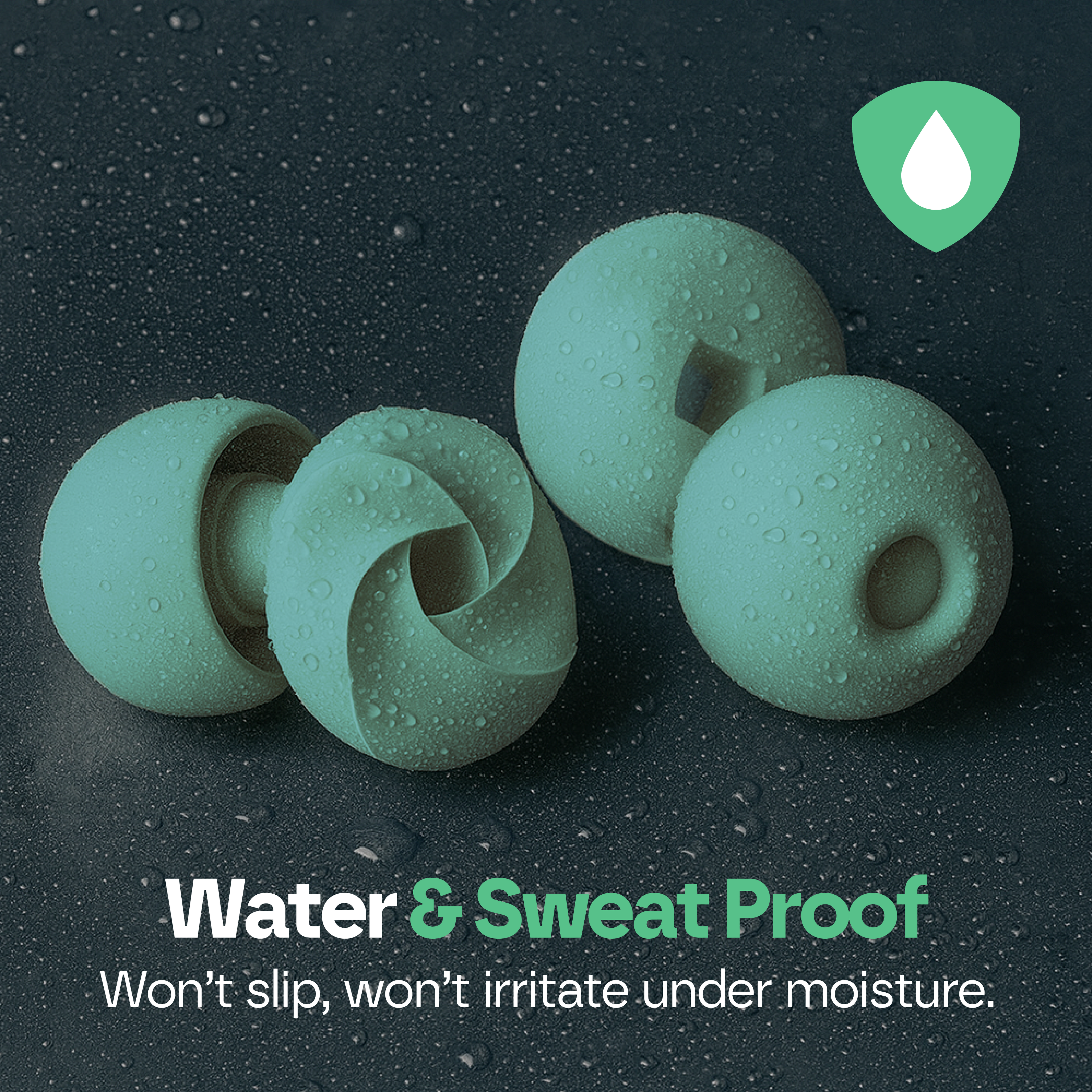 Green silicone balls with water droplets on a dark background, labeled 'Water & Sweat Proof'.