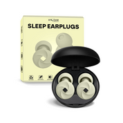 Sleep earplugs in a black case with packaging labeled 'snOoze Sleep Earplugs' on a white background.