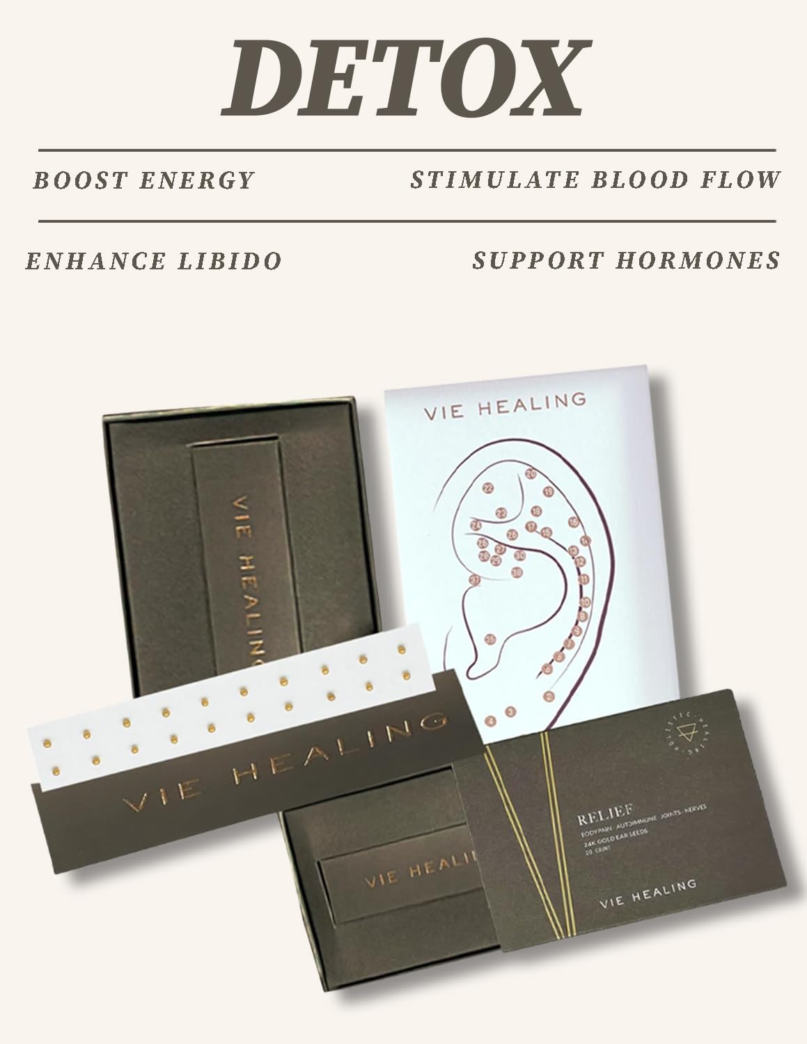 Semillas auriculares de oro 24K Vie Healing – Kit con tabla de semillas para acupresión (20 piezas)