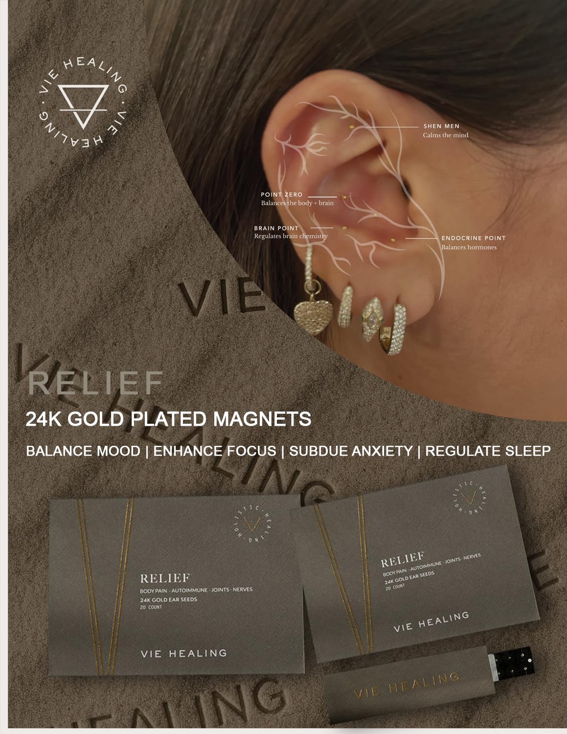 Semillas auriculares de oro 24K Vie Healing – Kit con tabla de semillas para acupresión (20 piezas)